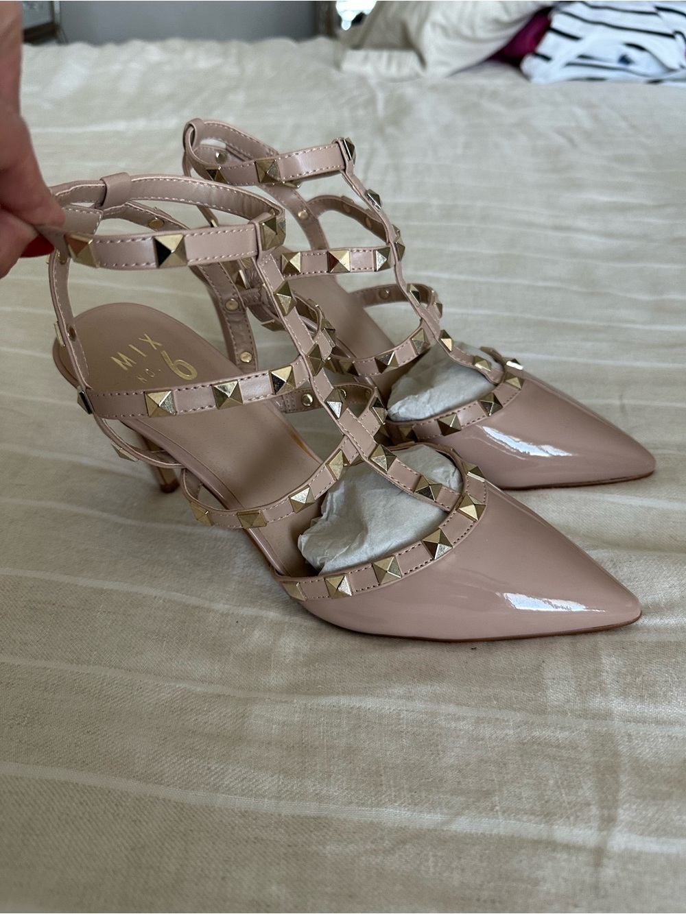 Mix No. 6 Nude Patent Studded Strappy Pointed-Toe Heels